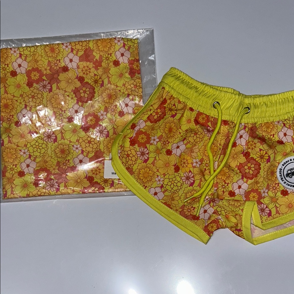 Remi & Friends Boys Yellow and Orange Swim Shorts and Marching Sarong for Mom